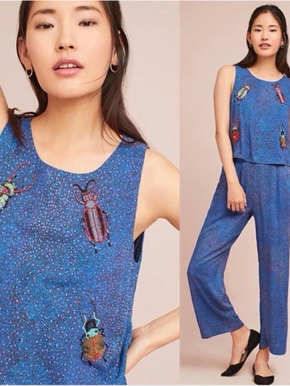 Anthropologie Conditions Apply Critter Embroidered Beaded Scarab Beetle Jumpsuit